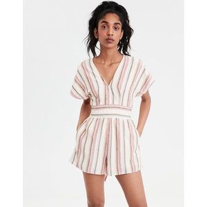 American Eagle AEO boho striped wrap romper cotton belted V-neck beach resort L